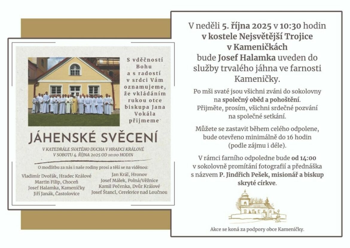 Pozvání na jáhenské svěcení a uvedení Josefa Halamky do služby